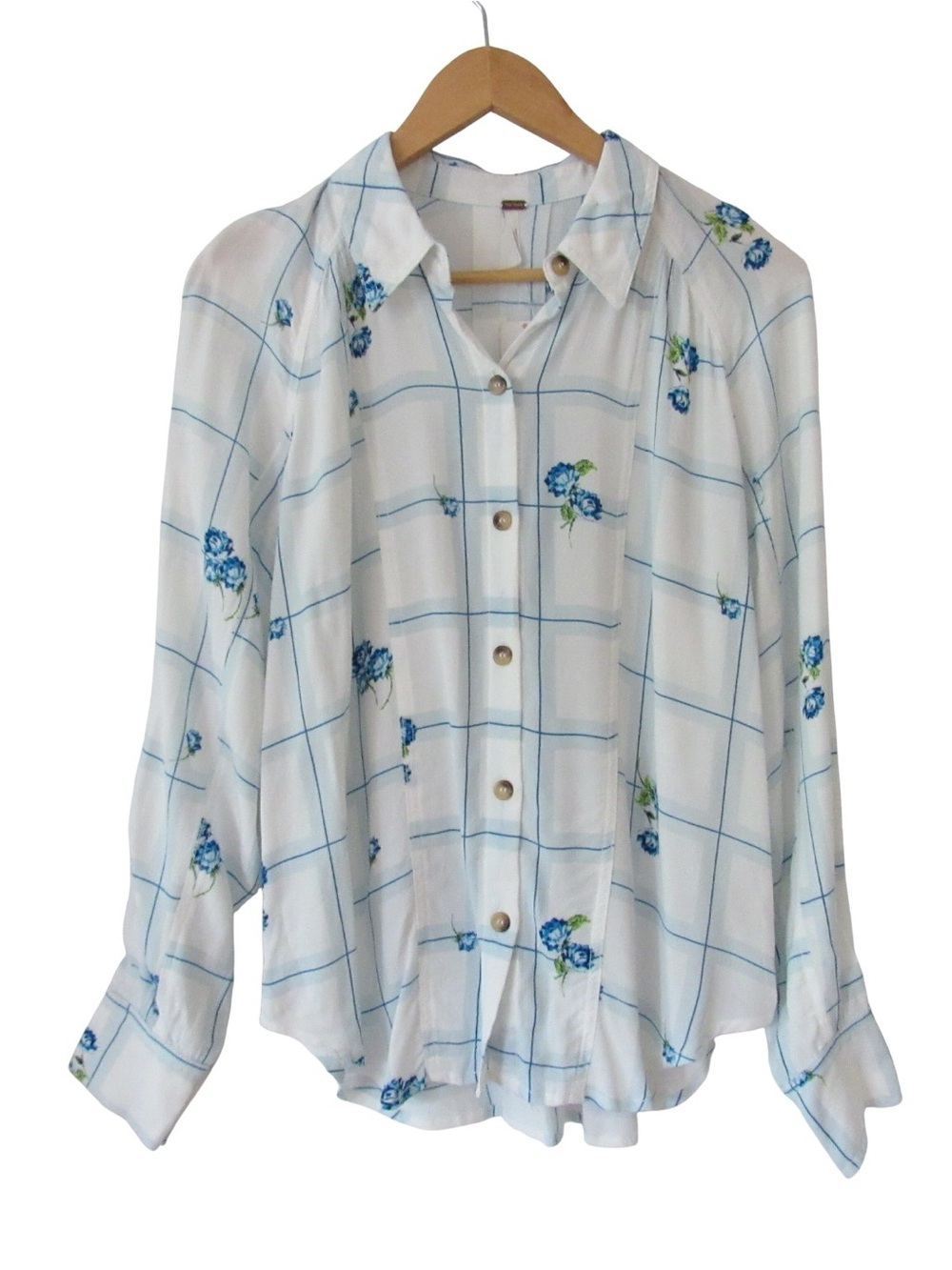 Free People Window To My Heart Button Down Shirt Blouse XS White Blue Floral